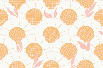 Hand painted helenium flowers and leaves stacked, forming a maximalist floral pattern in colors of yellow, off white and pink. Botanical garden seamless vector pattern. Great for home decor, fabric.