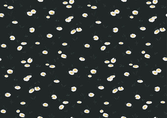 Tiny hand painted daisies on grass forming a minimalist floral garden pattern in colors of yellow, off white and green on black. Botanical meadow seamless vector pattern. Great for home decor, fabric.