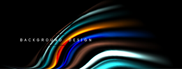 Abstract flowing lines create dynamic background. Vibrant colors blend, forming elegant curves against dark space. Modern design element.