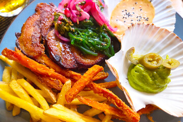 Gourmet Platter with Pork Belly, Scallop-Shell Tapas, and Duo of Fries