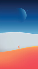 Futuristic desert landscape with gradient sky and celestial bodies.