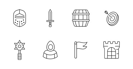 Medieval set icon. Helmet, sword, barrel, target, mace, robe, banner flag, castle rendered in minimal outline fantasy combat style.