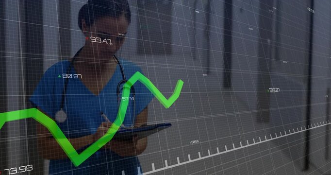Female nurse with stethoscope writing on clipboard in clinic, showing digital grid and upward graph