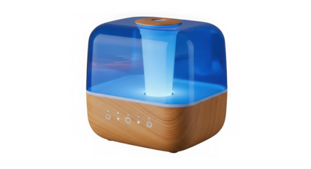 Modern wood grain essential oil diffuser with blue light effect  isolated on transparent background
