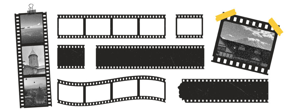 Vintage filmstrip collage kit. Grunge frames with duct tape, photo borders and movie reel elements.