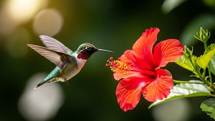 Fototapeta premium A ruby-throated hummingbird hovers near a vibrant red hibiscus flower, bathed in soft sunlight.