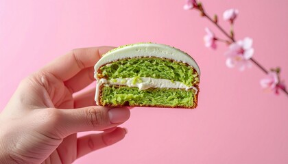 手に持った抹茶の焼き菓子の断面とクリーム　ピンク背景　generative ai
