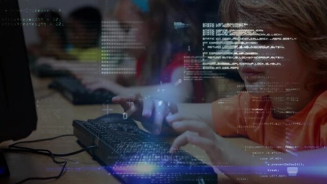 Boy reaching for mouse and typing triggers animated code intensifying coding exercise for education