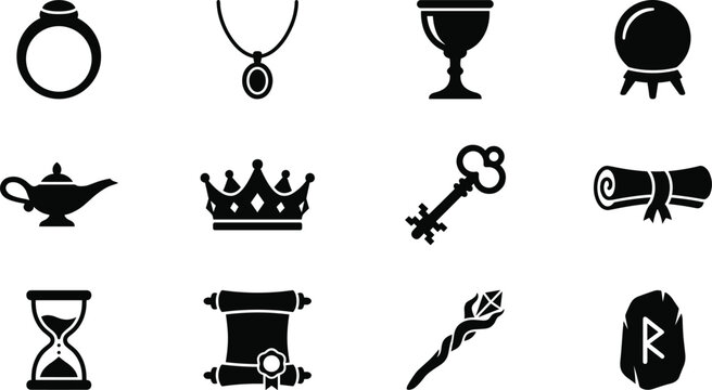 Fantasy RPG Item Icons - Magic Ring, Amulet, Potion, Crystal Ball, and Wizard Loot Vector Set
