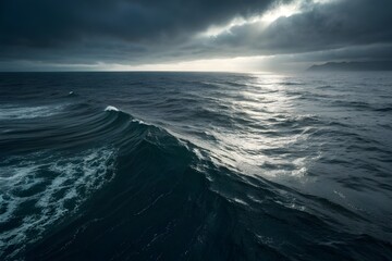 Almost-black ocean surface with subtle wave motion catching minimal light, smooth liquid texture, and a calm cinematic mood for luxury UI background use - AI Generated