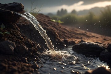 Clean water flowing over dark earth with soil particles dissolving into liquid motion under cinematic side lighting and a moody modern nature aesthetic - AI Generated