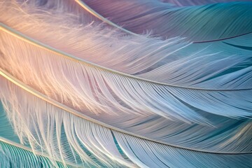 Extreme macro of layered bird feathers showing fine strand structure with soft iridescent color transitions under gentle studio lighting for elegant abstract wallpaper use - AI Generated