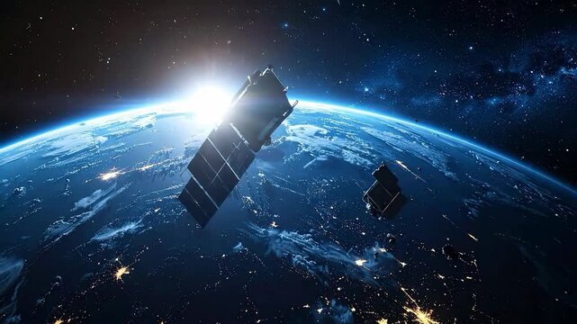 Two satellites orbiting Earth, capturing data and transmitting signals in space.