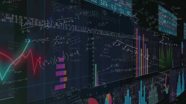 Camera panning across navy analytics panel revealing bars and line graphs showing analysis formulas