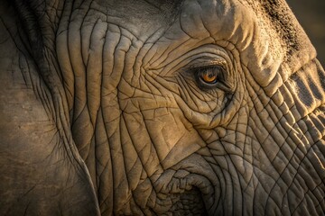 Fototapeta premium Ultra-detailed macro view of elephant skin texture with deep wrinkles, cracked patterns, and natural matte surface revealed by soft side lighting for organic background use - AI Generated