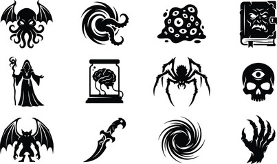 Lovecraftian Horror Vector Icons - Cthulhu, Zombie Hand, Brain in Jar, and Dark Magic Symbols  © ArtMint