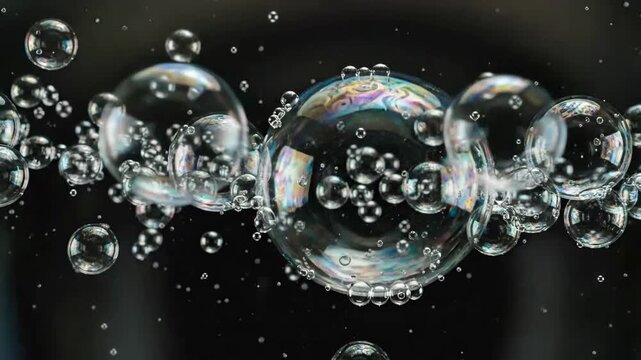 Abstract arrangement of iridescent soap bubbles floating against a dark background, creating a mesmerizing visual effect.