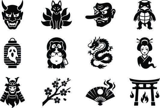 Japanese Mythology Vector Set - Oni Demon Mask, Kitsune Fox, Dragon, and Torii Gate Silhouettes
