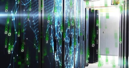 Camera panning server racks showing network graph glowing, binary code cascading showing data flow - Powered by Adobe