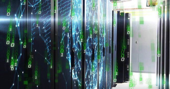 Camera panning server racks showing network graph glowing, binary code cascading showing data flow