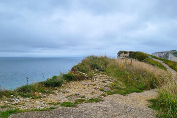 Coastal Cliff Pathway Overlooking Rough Sea on a Cloudy Day