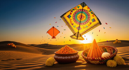 colorful kites flying over desert dunes at sunset with traditional thali, tilgul, and marigolds for Makar Sankranti.