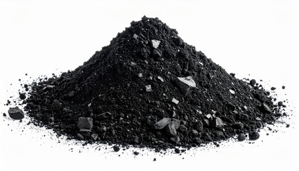 Black powder pile on a white background with small rocks and fine particles scattered around it
