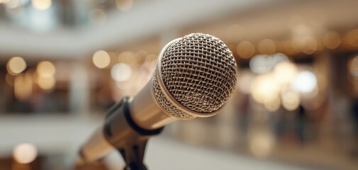 The Microphone Ready for Live Performance in a Blurred Indoor Shopping Mall Setting