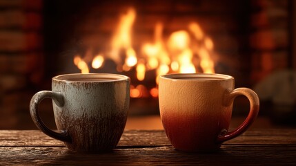 Obraz premium Two steaming cups are placed on a wooden table near a crackling fire. The warm light from the flames casts a soft glow in the room. It is evening and the temperature is low.