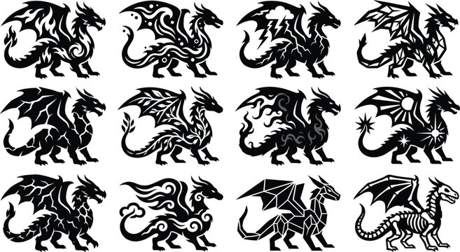 Tribal Fantasy Dragon Silhouettes - Flying Beast, Monster Tattoo, and Mythical Creature Vector Set
