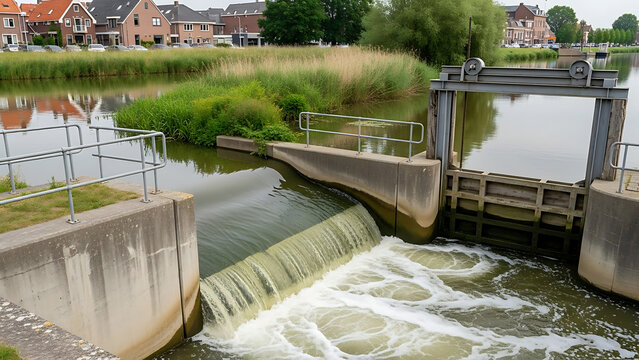 Modern Dutch hydraulic engineering spillway featuring controlled overflow concrete channel system adjacent to municipal canal and floodgate management infrastructure for river water regulation.