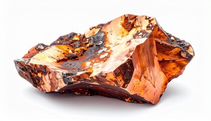 Unique piece of amber mineral showcasing rich colors and natural patterns on a plain background