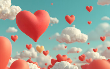 Large Cluster of Red Heart Balloons Floating in a Blue Sky with Clouds

