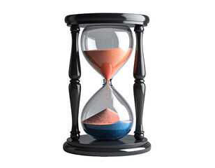 Ornate hourglass, sand flowing between globes, dark frame, on black background