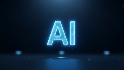 Glowing blue AI symbol in dark futuristic background with neon light