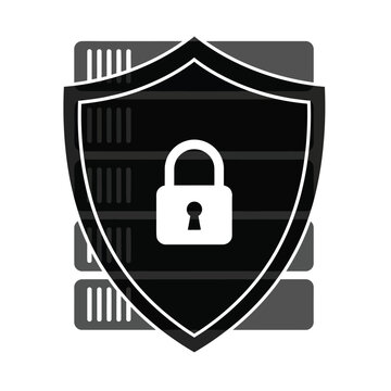Cybersecurity protection concept with shield and padlock over server illustration