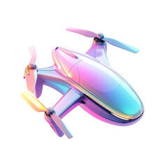 Glossy, futuristic drone, iridescent hues on a sleek, aerodynamic design