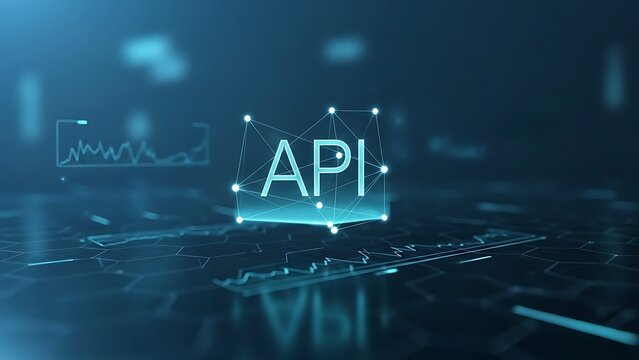 Futuristic API concept with glowing network connections and data visualization - Powered by Adobe