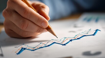 Person draws a line graph with a pencil on a sheet of paper in an office during daytime, showing trends and data analysis for a project or report