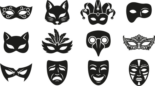 Masquerade and Carnival Mask Silhouette Icons Set - Venetian Party, Mystery, and Theatre Costume Vector Illustration
