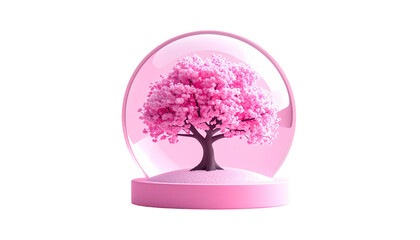 Pink flowering tree inside a transparent globe, on pink pedestal