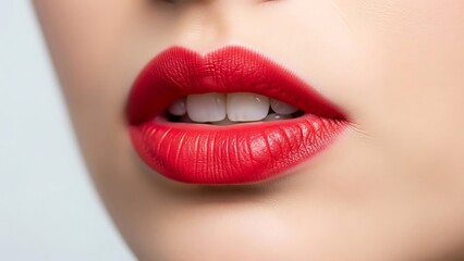 Red Lips Close-up with Glossy Finish on White Background