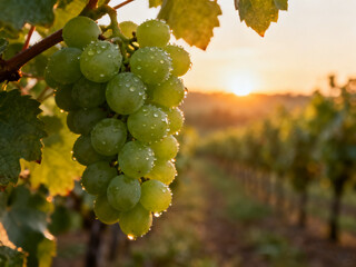 Fototapeta premium Sunlit Green Grape Cluster on Vineyard Vine During Golden Hour Harvest Season
