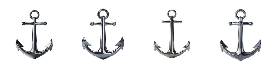 Four nautical anchors in a row isolated on transparent background