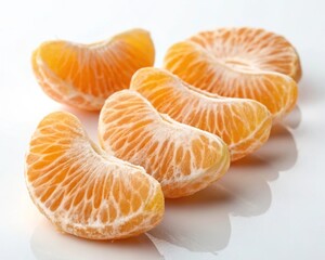 Juicy orange segments meticulously peeled and fanned on a clean white surface, showcasing vibrant citrus freshness and detail