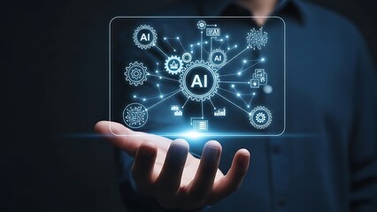 Man presenting futuristic AI technology on glowing digital screen