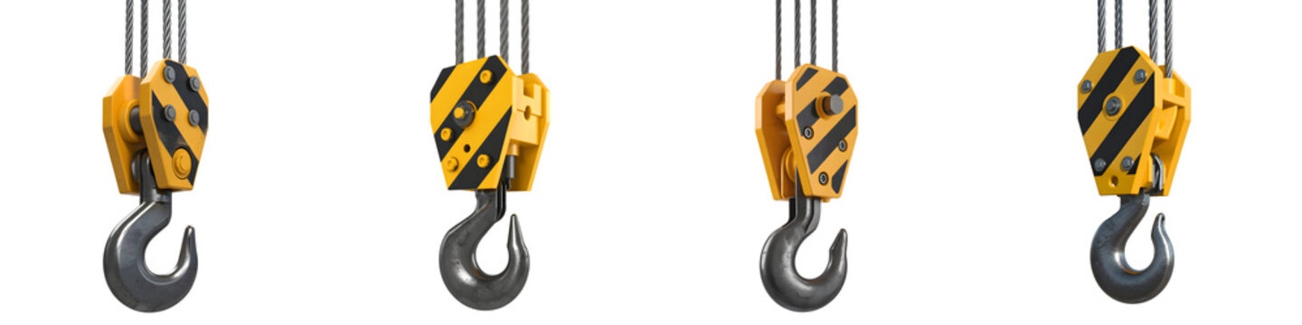 Four yellow crane hooks hanging down isolated on transparent background