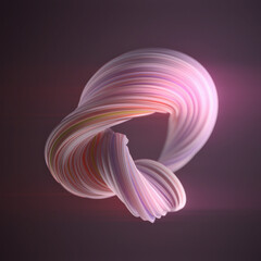 This elegant 3D illustration features an abstract knot made of colored threads. A soft pink figure floats against a dark background, evoking a sense of lightness and tranquility. Minimalist digital ar