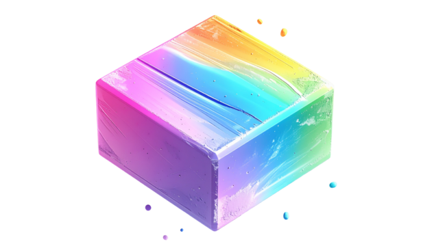 Isometric cube with rainbow strokes and scattered colorful orbs on dark background - Powered by Adobe