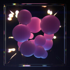 Abstract 3D illustration of pink spheres inside a glass cube. A futuristic composition with neon lights and glare on a dark background. The concept is one of core, energy, and technology